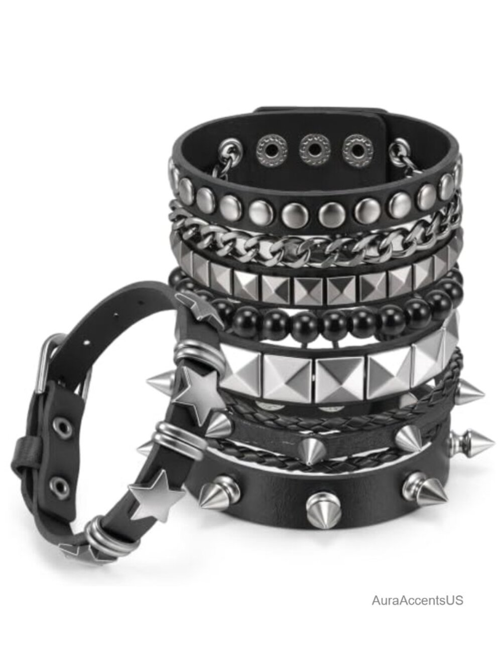 6 Pack Punk Studded Bracelets - Gothic Spike Cuffs for Men Women